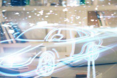 Otomobil hologramı çizimi olan masaüstü bilgisayar arkaplanı. Çoklu maruz kalma. Teknoloji kavramı.