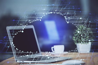 Teknoloji temalı çizim ve bilgisayarlı masa. Çoklu maruz kalma. Bilgi kavramı.