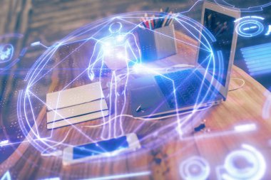 Masaüstü bilgisayar geçmişi ve eğitim teması çizimi. Çifte maruziyet. Konsept çalış.