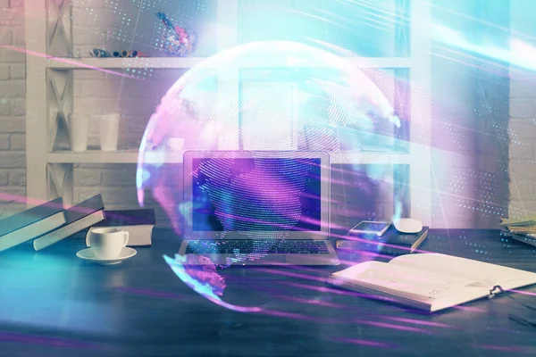 Computer on desktop in office with technology theme hologram. Multi exposure. Tech concept. — Stock Photo, Image