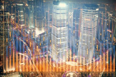 Yüksek binalar arka plan çok pozlama ile şehir scape mali grafik. Analiz kavramı.