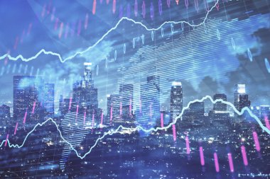 Yüksek binaların arka planında çoklu pozlama olan eski şehir haritası. Finansal araştırma kavramı.