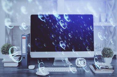 Bilgisayar geçmişi olan eski grafik hologramı. Çifte maruziyet. Finans piyasası kavramı.