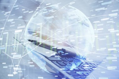 İş teması simgelerinin çoklu pozlandırılması ve bilgisayar geçmişi olan çalışma alanı. Başarı kavramı.