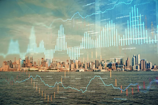 Forex graph on city view with skyscrapers background double exposure. Financial analysis concept. — Stock Photo, Image