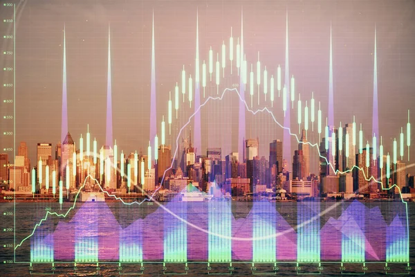 Gráfico Forex em paisagem urbana com edifícios altos fundo multi exposição. Conceito de investigação financeira . — Fotografia de Stock