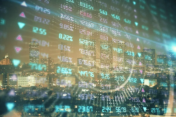 Financial graph on night city scape with tall buildings background multi exposure. Analysis concept.