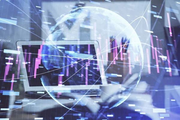 Financial chart drawing and table with computer on background. Multi exposure. Concept of international markets. — Stock Photo, Image