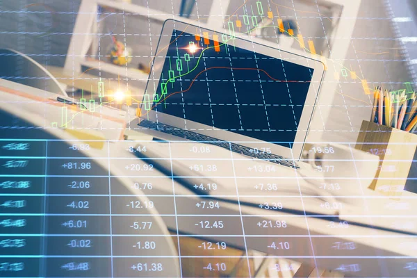 Financial chart drawing and table with computer on background. Double exposure. Concept of international markets. — Stock Photo, Image