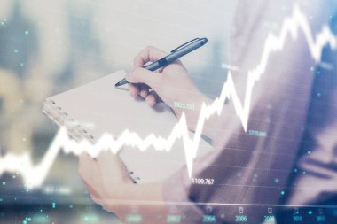Forex grafik huds ile notlar yapma ellerin çoklu pozlama. Borsa konsepti.