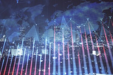 Yüksek binalar arka plan çok pozlama ile gece şehir scape mali grafik. Analiz kavramı.