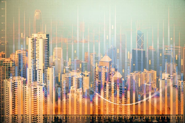 Gráfico de divisas en paisaje urbano con rascacielos fondo de pantalla doble exposición. Concepto de investigación financiera . —  Fotos de Stock