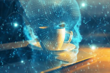 Bilgisayar ve insan beyninin hologram çizdiği çalışma alanının iki katına çıkarılması. Beyin fırtınası konsepti.