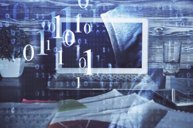 Teknoloji temalı çizim ve bilgisayarlı masa. Çoklu maruz kalma. Bilgi kavramı.