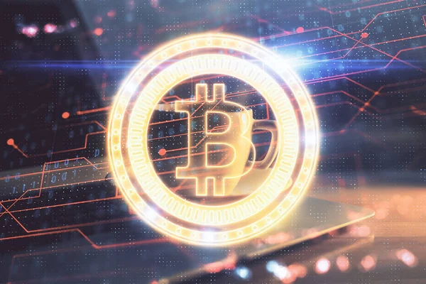 Multi-Exposition von Blockchain und Kryptoökonomie Thema Hologramm und Tabelle mit Computer-Hintergrund. Konzept der Kryptowährung Bitcoin. — Stockfoto