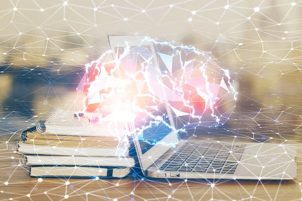 컴퓨터와 뇌 홀로그램으로 작업 테이블의 다양 한 노출. 뇌우 개념. — 스톡 사진