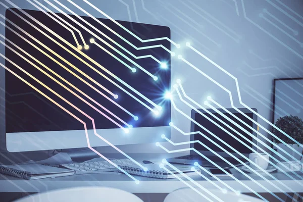 Teknoloji temalı çizim ve bilgisayarla çalışma alanı. Çoklu maruz kalma. Yenilik kavramı.