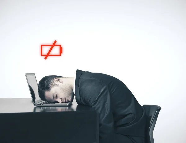 Businessman Sleep Laptop Village Battery Concept — Stock Photo, Image