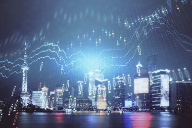 Yüksek binalar arka plan çift pozlama ile gece şehir scape mali grafik. Analiz kavramı.