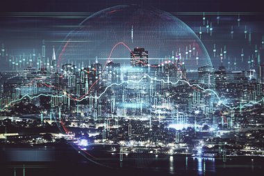 Yüksek binalar arka plan çift pozlama ile gece şehir scape mali grafik. Analiz kavramı.