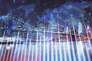 Yüksek binalar arka plan çok pozlama ile şehir scape mali grafik. Analiz kavramı.