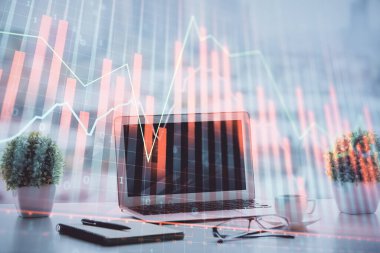 Bilgisayar geçmişi olan eski grafik hologramı. Çoklu maruz kalma. Finans piyasası kavramı.