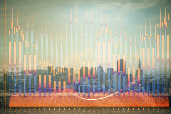 高層ビルの背景マルチ露出と都市ビューの外国為替グラフ。金融分析の考え方. — ストック写真
