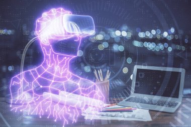 AR tema simgesi olan bilgisayar masaüstünde. Çoklu maruz kalma. Artırılmış gerçeklik kavramı.