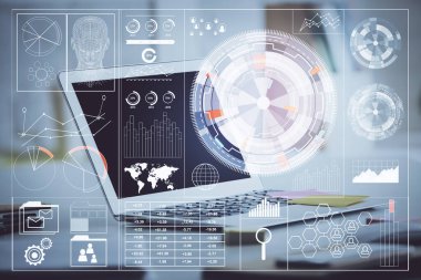 Teknoloji temalı çizim ve bilgisayarla çalışma alanı. Çoklu maruz kalma. Yenilik kavramı.