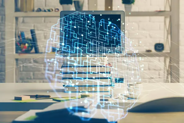 Διπλή έκθεση χώρου εργασίας με ηλεκτρονικό υπολογιστή και ανθρώπινο εγκεφαλογράφημα. Έννοια Brainstorm. — Φωτογραφία Αρχείου