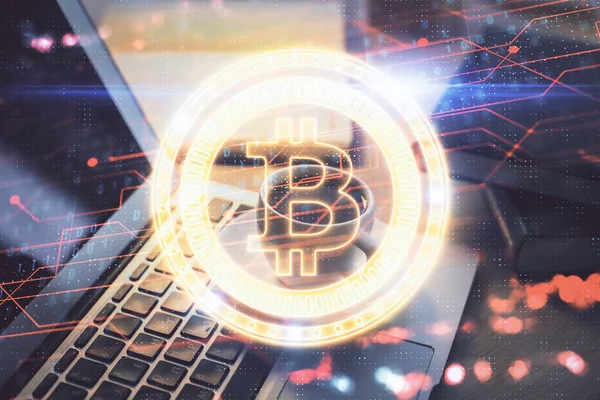 Multi expozíció blockchain és crypto economy téma hologram és táblázat számítógépes háttérrel. A bitcoin cryptocurrency fogalma. — Stock Fotó