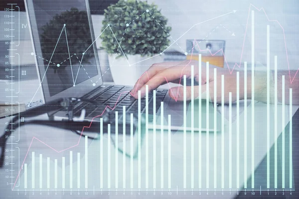 Multi exposure of graph with man typing on computer in office on background. Concept of hard work. Closeup. — Stock Photo, Image