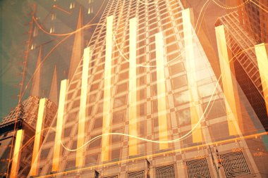 Yüksek binaların arka planında çoklu pozlama olan eski şehir haritası. Finansal araştırma kavramı.