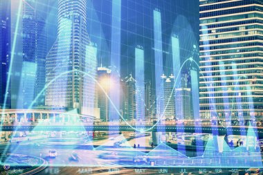 Yüksek binalar arka plan çok pozlama ile şehir scape mali grafik. Analiz kavramı.