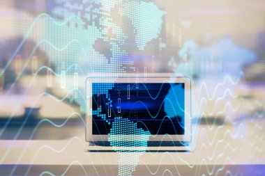 Bilgisayar geçmişi olan eski grafik hologramı. Çoklu maruz kalma. Finans piyasası kavramı.