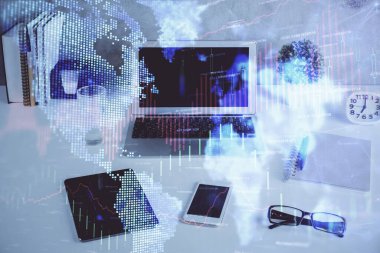 Arka planda eski pazar grafik hologramı ve kişisel bilgisayar var. Çoklu maruz kalma. Yatırım kavramı.