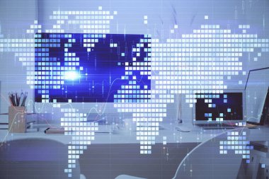 İş teması simgelerinin çifte pozlandırılması ve bilgisayar geçmişi olan çalışma alanı. Başarı kavramı.