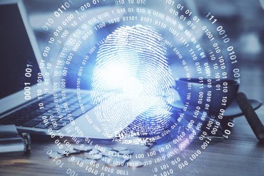 Ofisteki bilgisayarın parmak izi çizimi. Çifte maruziyet. İş veri güvenliği kavramı.