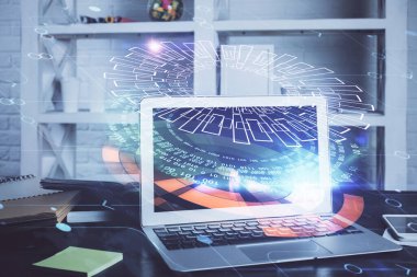 Teknoloji temalı çizim ve bilgisayarla çalışma alanı. Çoklu maruz kalma. Yenilik kavramı.