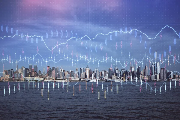 Gráfico Forex en vista de la ciudad con rascacielos fondo doble exposición. Concepto de análisis financiero . —  Fotos de Stock