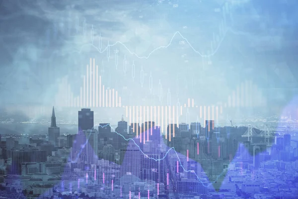 Forex graph on city view with skyscrapers background multi exposure. Financial analysis concept. — Stock Photo, Image