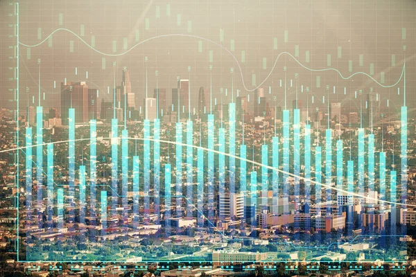 Forex chart on cityscape with skyscrapers wallpaper double exposure. Financial research concept. — Stock Photo, Image