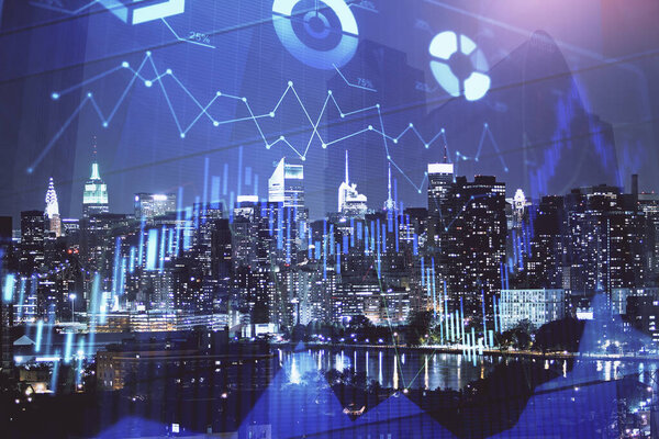 Double exposure of forex chart drawings over cityscape background. Concept of success.