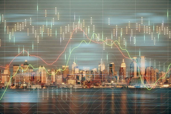 Financial graph on night city scape with tall buildings background double exposure. Analysis concept. — Stock Photo, Image