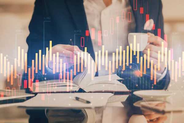 Double exposure of businessman with coffee with stock market forex chart. — Stock Photo, Image