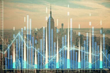 Gökdelenler arka planda çift pozlama ile şehir görünümünde eski grafik. Mali analiz kavramı.