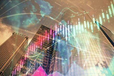 Gökdelenler, duvar kağıtları ve çoklu pozlama ile şehir manzarasının eski çizelgesi. Finansal araştırma kavramı.