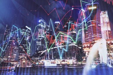 Yüksek binalar arka plan çok pozlama ile şehir scape mali grafik. Analiz kavramı.