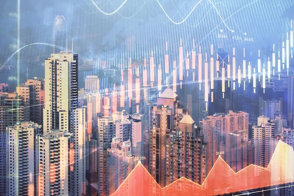 Forex grafiek op stadsgezicht met wolkenkrabbers behang dubbele belichting. Begrip financieel onderzoek. — Stockfoto