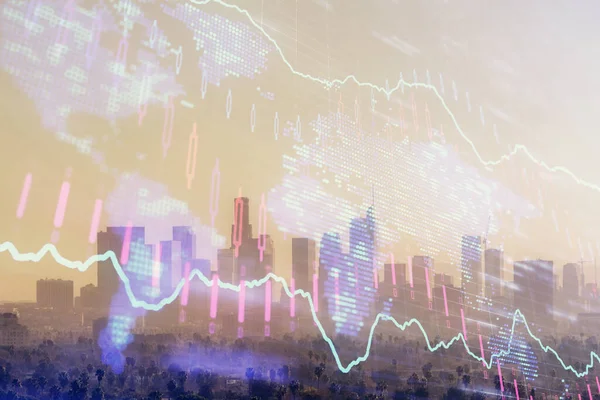 Форекс карта на міському пейзажі з хмарочосами шпалери подвійної експозиції. Концепція фінансових досліджень . — стокове фото
